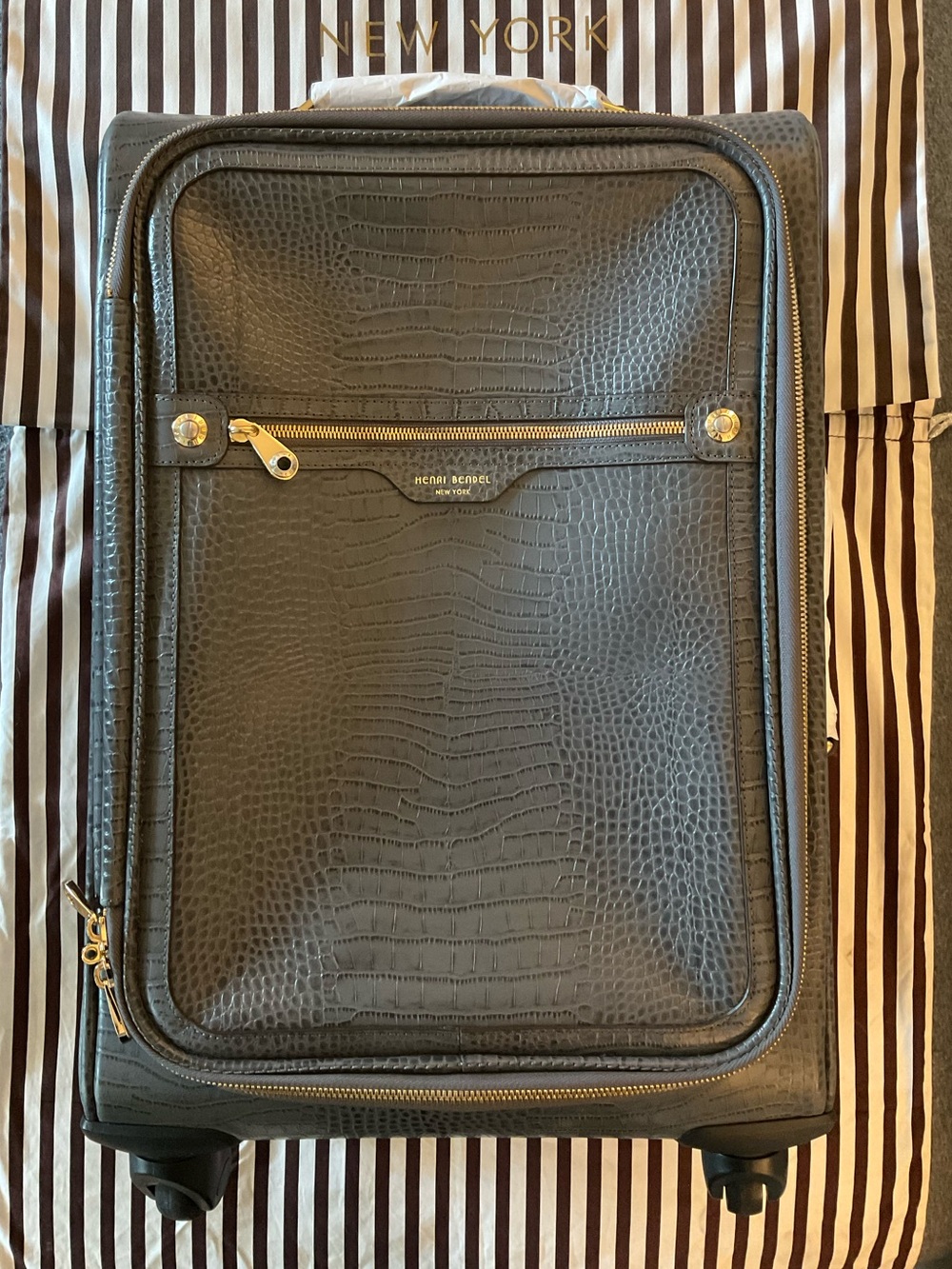 Henri Bendel Small Spinner - Grey Reptile Pattern with Gold Tone Hardware
